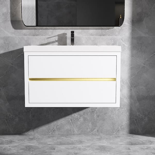 36 in. Wall-Mounted Floating Bath Vanity in White with Single Solid Surface Sink Top in White