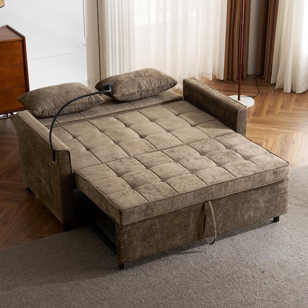 56.9 in. Brown Chenille 2-Seater Loveseat with Reversible Backrest, USB Ports and Phone Holder