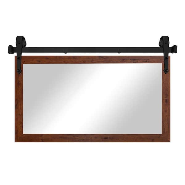 (46 in. W x 33 in. H) Dark Brown Modern Rustic Mirror with Steel Barn Door Rail