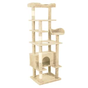 23.6 in. Wooden Cat Tower House Cat Tree with Cozy Cat Condo, Super Large Hammock and Plush Perches in Beige