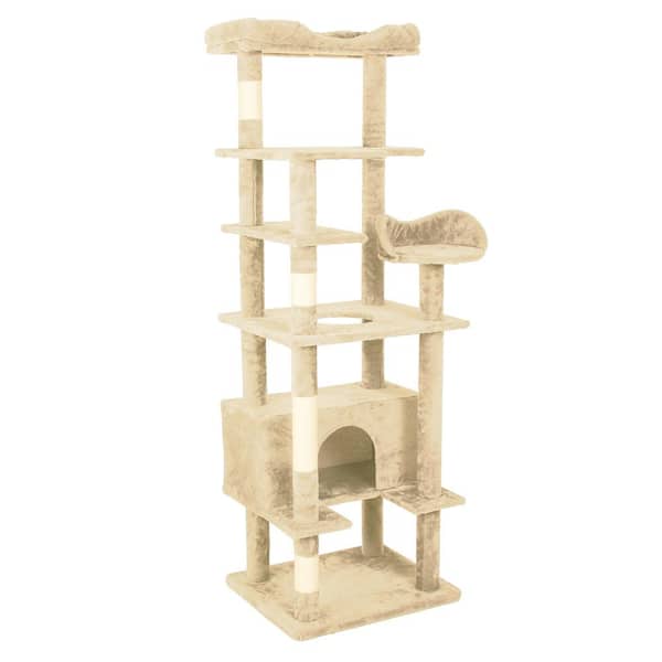 maocao hoom 23.6 in. Wooden Cat Tower House Cat Tree with Cozy Cat Condo, Super Large Hammock and Plush Perches in Beige
