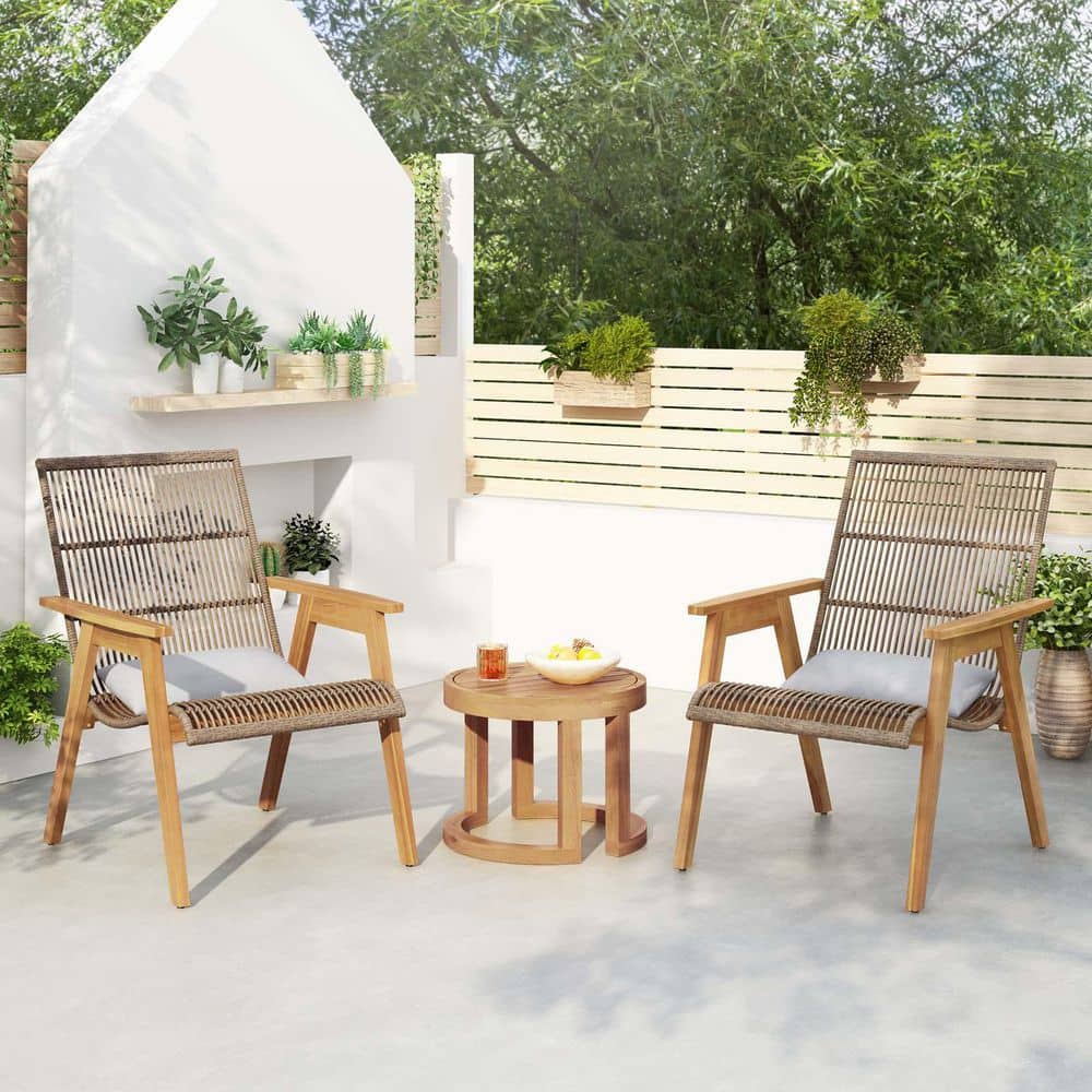 3-Piece Acacia Wood Outdoor Bistro Set, Patio Bar Set 2 Wicker-Woven Lounge