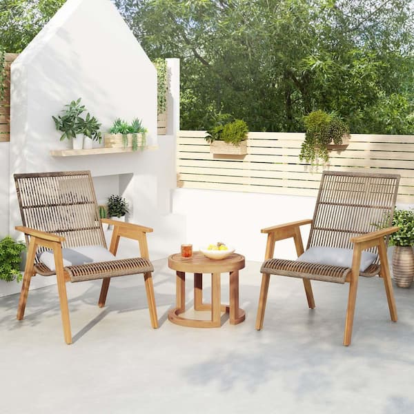 Unbranded 3-Piece Acacia Wood Outdoor Bistro Set, Patio Bar Set 2 Wicker-Woven Lounge Chairs with Pillows & Solid Side Table