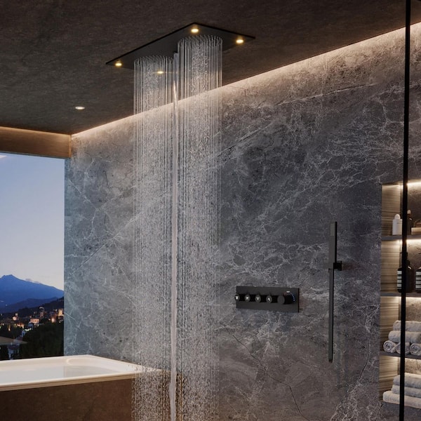 Thermostatic 4-Spray LED Rain Ceiling Mount Dual Fixed and Handheld Shower Head with Bluetooth Speaker in Matte Black