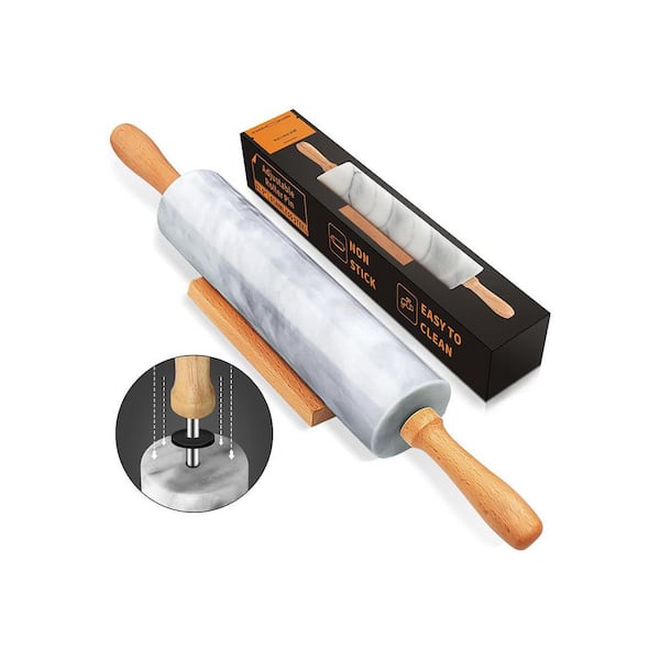 16.5 in. Marble Rolling Pin Gray and White with Wooden Handles and Cradle for Dough Pizza Pie Cookie Pasta