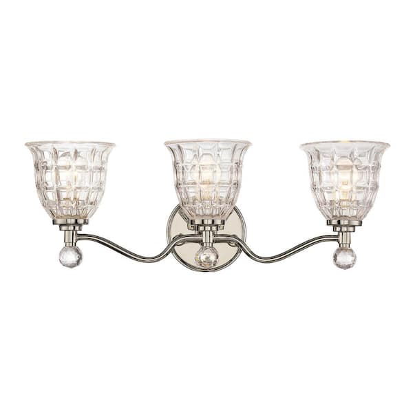 Birone 24 in. W x 8.5 in. H 3-Light Polished Nickel Bathroom Vanity Light with Clear Glass Shades