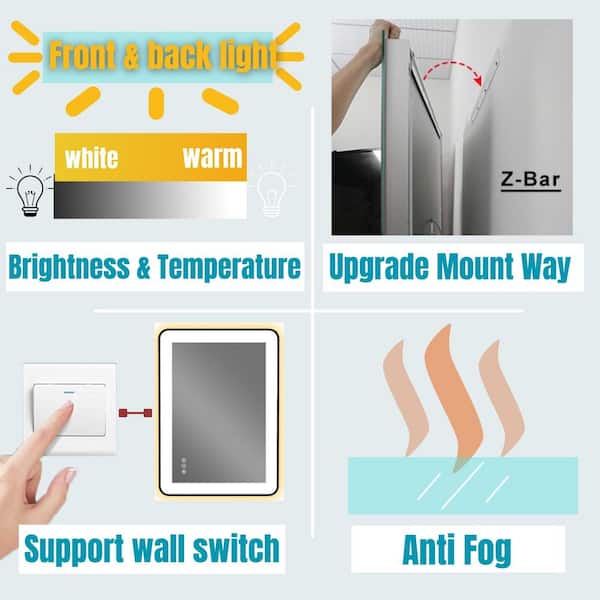 55 in. W x 30 in. H Rectangular Framed Anti-Fog LED Wall Bathroom Vanity Mirror in Black with Backlit and Front Light