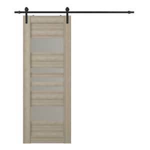 Leti 28 in. x 95.25 in. 5 Lite Frosted Glass Gray Oak Composite Core Wood Sliding Barn Door with Hardware Kit