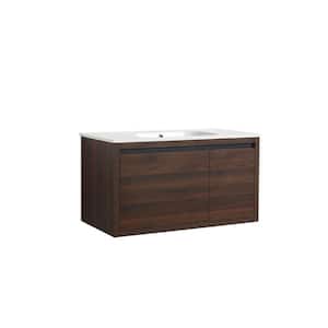 35 in. W x 18 in. D x 19 in. H Single Sink Wall Mounted Bath Vanity in Walnut with White Gel Solid Surface Top