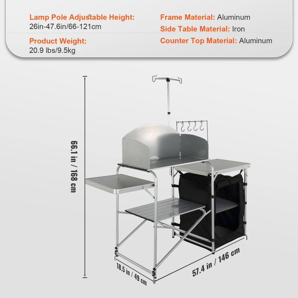 Black Aluminum Folding Camping Kitchen Table with Storage and Windscreen