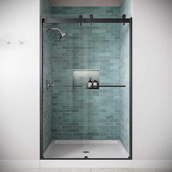 Tirso 48 in.Wx 76 in.H Semi-Frameless Sliding Shower Door,CrystalTech Treated 5/16 in. Clear Glass, Matte Black Hardware