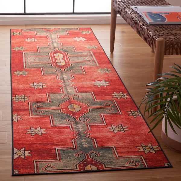 Tucson 3 ft. x 6 ft. Rust/Green Symmetrical Geometric Washable Runner Rug