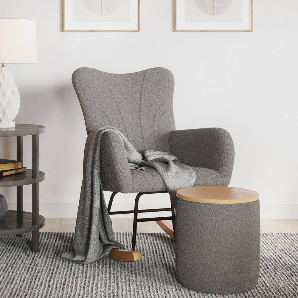 Storage Ottoman with Wood Top, Gray