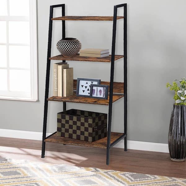 4-Tier Ladder Shelf with Cabinet Rustic Brown