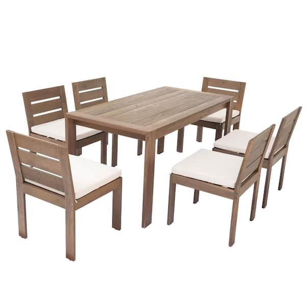 7-Piece Acacia Wood Outdoor Dining Set with White Cushions, Patio Furniture Set for Garden, Backyard