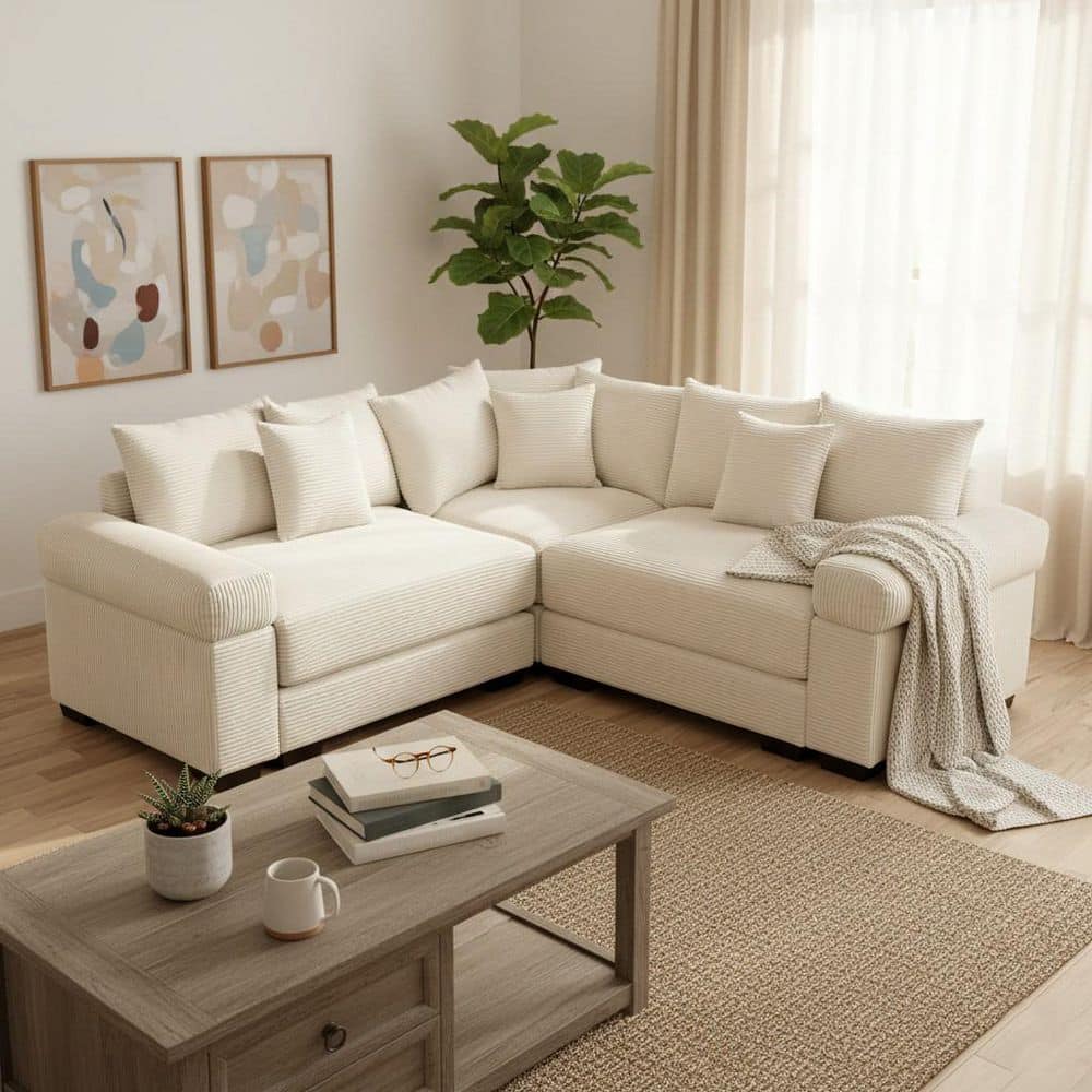BWDRBR 79.1 in. Straight Arm 3-Piece Corduroy Modular Sectional Sofa with Ergonomic Design in Creamy Beige price history on PriceWatchPro