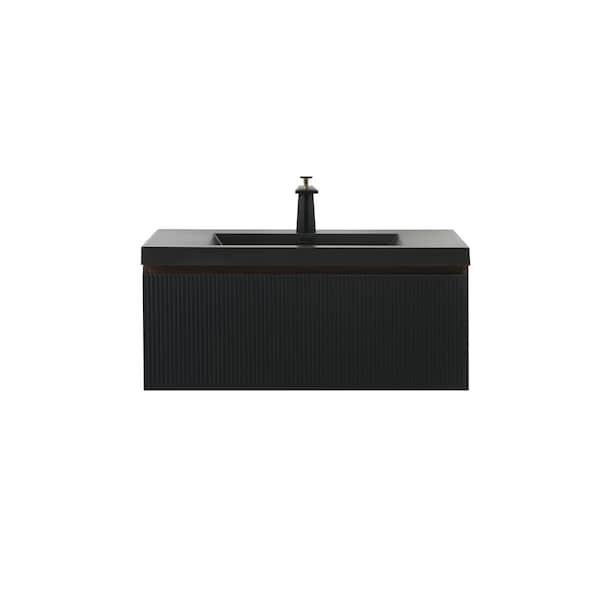 35.43 in. Single Sink Floating Black Bath Vanity with Black Quartz Top Assemble