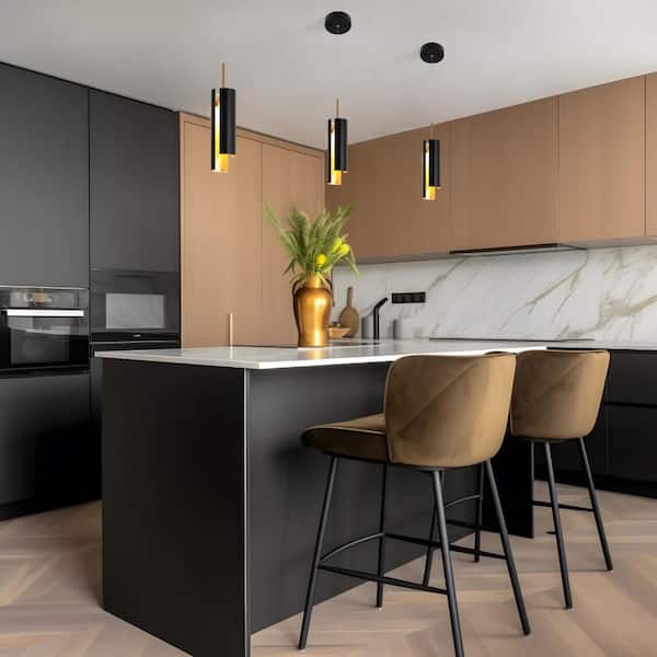 Welntscpia Modern Industrial 1-Light Brass Integrated LED Pendant Light with Black and Goldleaf Shade for Bedroom