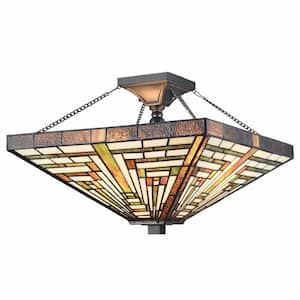 15.87 in. 3-Light Black Modern Semi-Flush Mount with Stained Glass Shade and No Bulbs Included 1-Pack