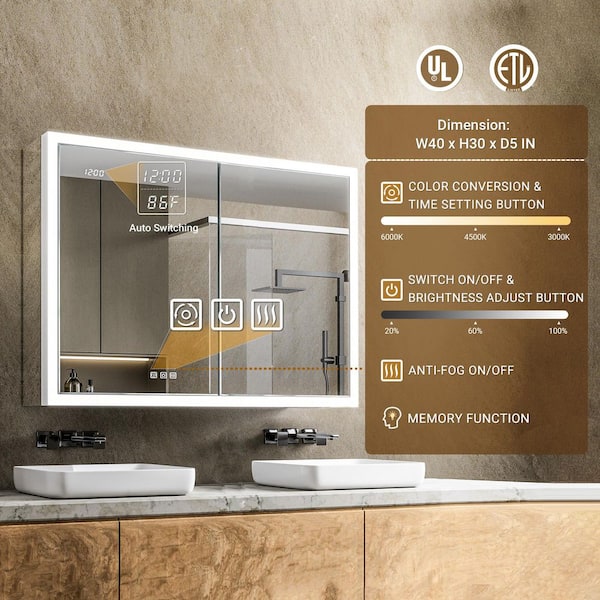 Elega 40 in. W x 30 in. H Rectangular Aluminum Recessed/Wall Mount Dimmable Fogless Lighted Medicine Cabinet with Mirror