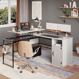 60 in. Wash White Reversible L-Shaped Computer Desk With Lift-Top and Cabinet