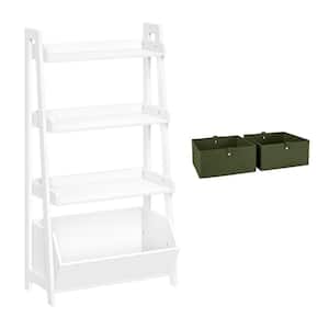 24 in. Wide Kids 4-Tier Ladder Shelf with Toy Organizer and 2 Olive Bins