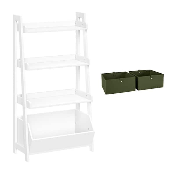 RiverRidge Home 24 in. Wide White Ladder Shelf Toy Organizer and Book Storage with 3-Open Shelves with Two 5 in. H Olive Fabric Bins