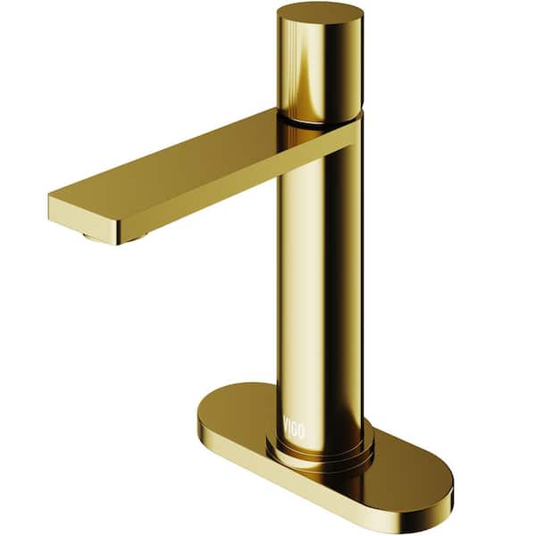 VIGO Halsey Single Handle Single-Hole Bathroom Faucet Set with Deck Plate in Matte Brushed Gold