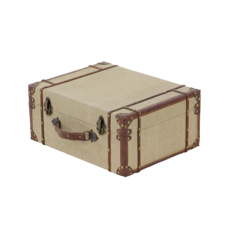 Beige Burlap and Leather Vintage Trunk Set, 2 Pieces