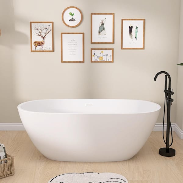 NTQ 55 in. x 29.5 in. Acrylic Free Standing Tub Flatbottom Freestanding Soaking Bathtub with Chrome Drain in Matte White