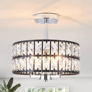 12.59 in. 3-Light Black and Chrome Round Drum Semi-Flush Mount with Clear Crystal Shade and No Bulbs Included