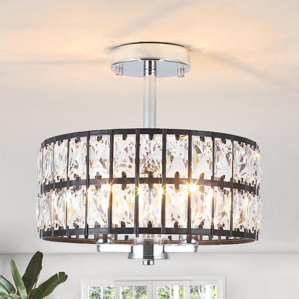 ZJVAIVE 12.59 in. 3-Light Black and Chrome Round Drum Semi-Flush Mount with Clear Crystal Shade and No Bulbs Included