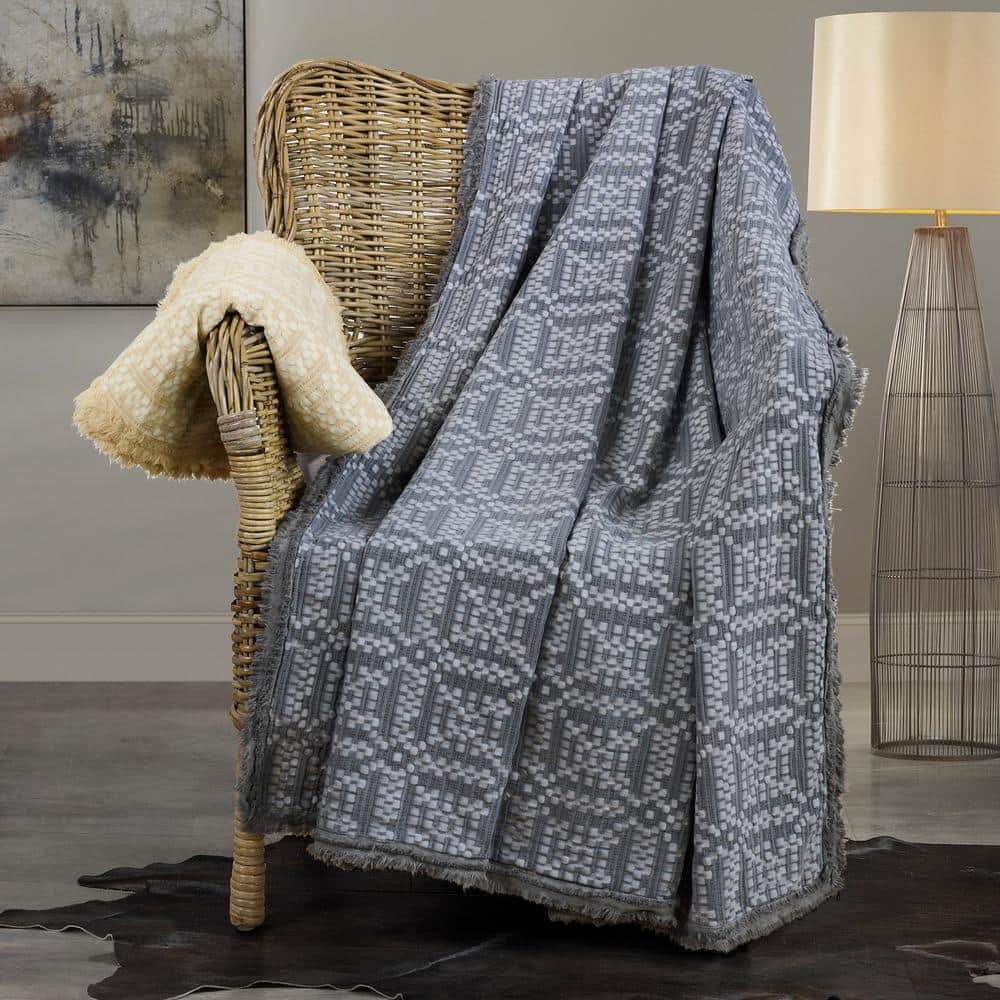 Oatmeal Cotton Jacquard Grid Oversized Throw Blanket