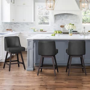 Hampton 26 in. Solid Wood Black Swivel Bar Stools with Back Faux Leather Upholstered Counter Bar stool Set of 3