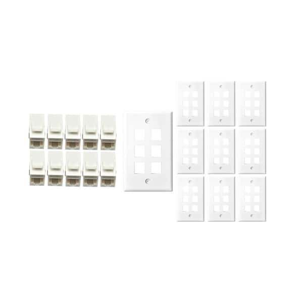 10-Pack 1-Gang White Keystone Plastic Wall Plate 6-Port & 10 Cat 6 RJ45 Keystone Inline Couplers White