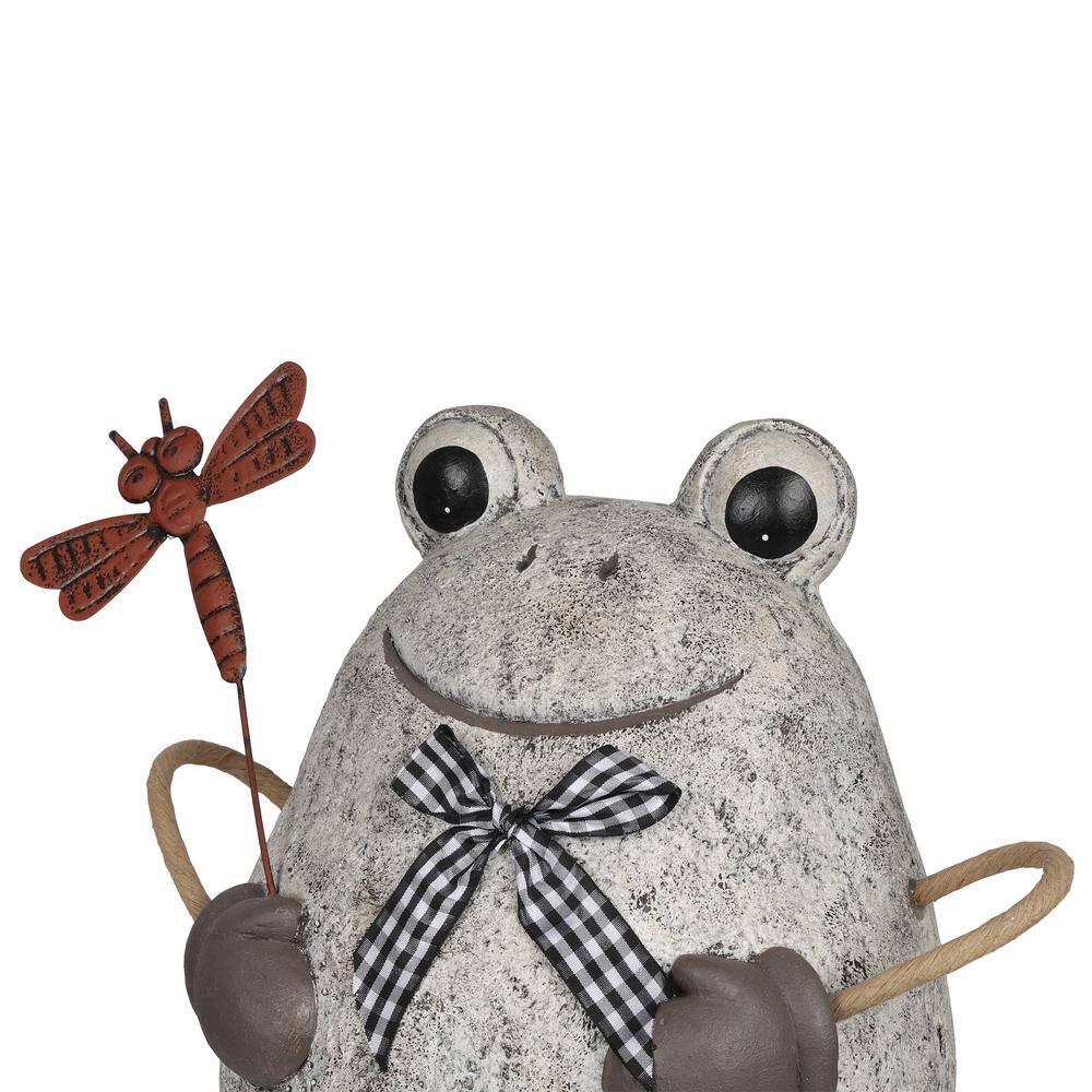 24" Stone Finish Frog with Metal Dragonfly Garden Statue