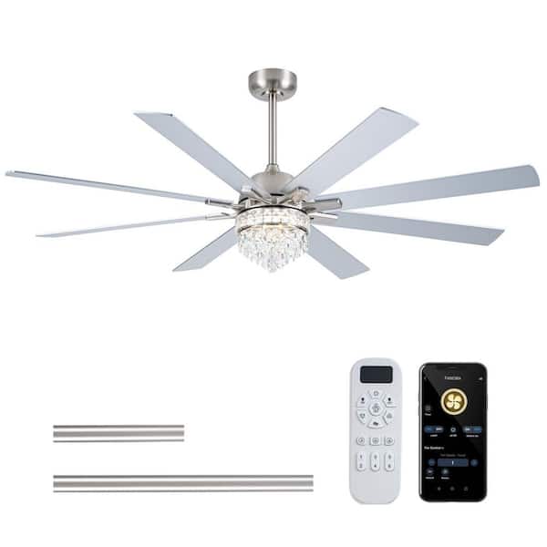 65 in. Brushed Nickel 8-Blade Sliver Download Mount Fandelier Ceiling Fan with LED Light, Remote and APP Control