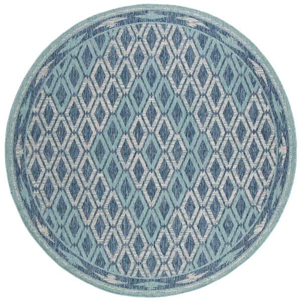 Courtyard Navy/Aqua 4 ft. x 4 ft. Border Diamond Indoor/Outdoor Round Area Rug