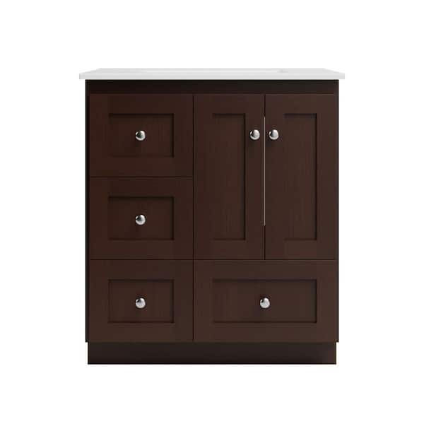 Shaker 31 in. W x 22 in. D x 35 in. H Vanity with Left Drawers in Dark Alder with Ceramic Vanity Top in White