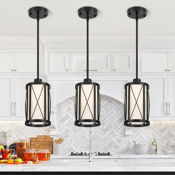 1-Light Black Modern Drum Pendant with Metal Frame And White Glass Shade for Kitchen Island (Set of 3)