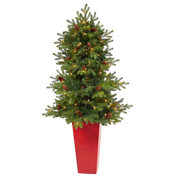 Nearly Natural 4.5 ft. Green Pre-Lit Fir Artificial Christmas Tree with 100 Clear Lights, Pine Cones and 386 Bendable Branches Planter