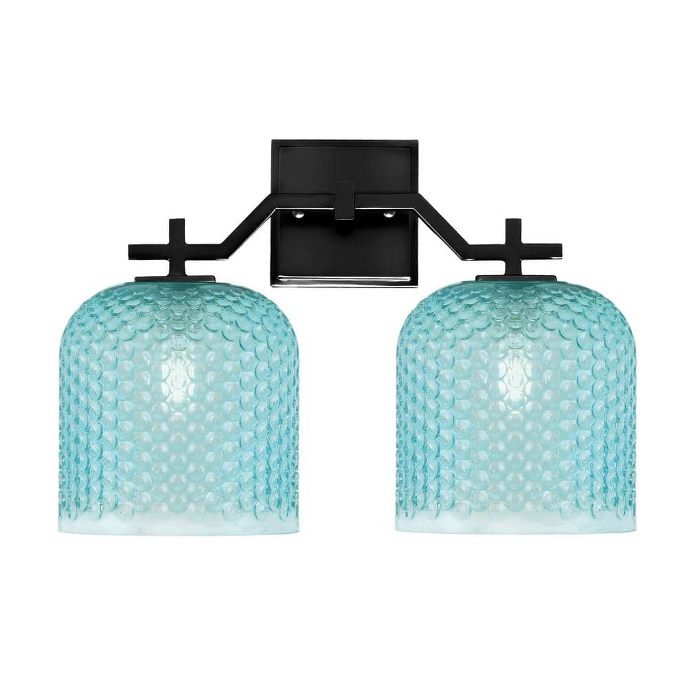 Matte Black Vanity Light with Teal Textured Glass Shades