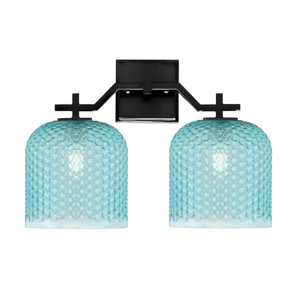 Unbranded Bridgewater 17.25 in. 2-Light Vanity Light Matte Black with 7 in. Turquoise Textured Glass Shades, No Bulbs Included