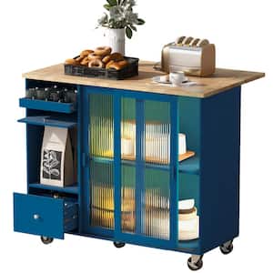 Navy Blue Wood 44 in. Kitchen Island with Drop Leaf, Kitchen Cart with LED Light, Storage and Changeable Wheels or Feet