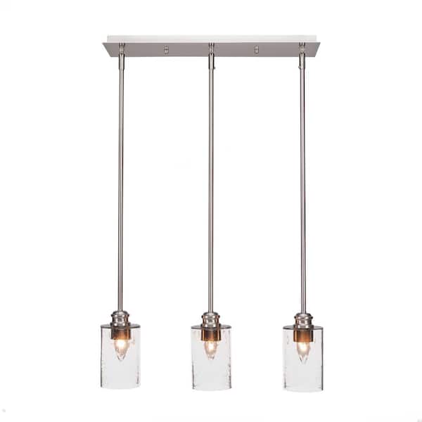 Unbranded Albany 60-Watt 3-Light Brushed Nickel, Linear Pendant Light with 4 in. Clear Bubble Glass and No Bulbs Included