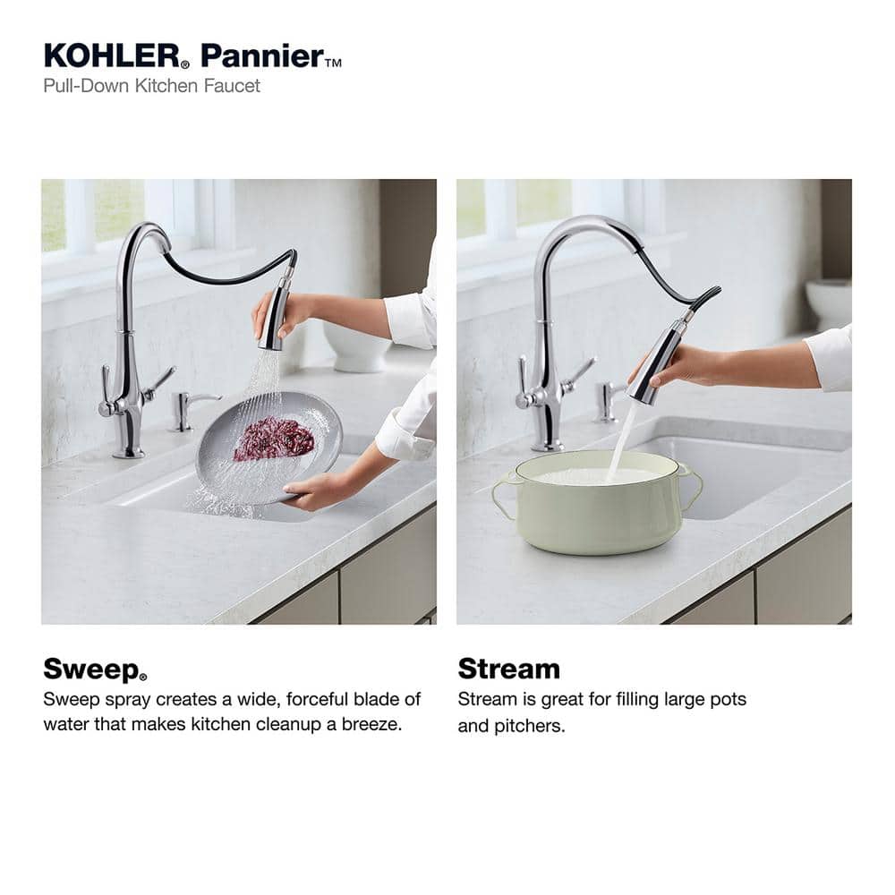 Polished Chrome Double Handle Pull Down Kitchen Faucet with Spray