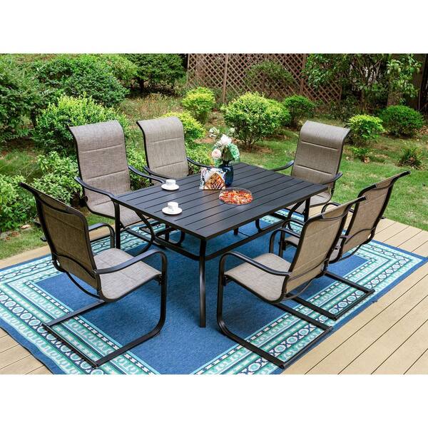 PHI VILLA Black 7Piece Metal Outdoor Patio Dining Set with Slat