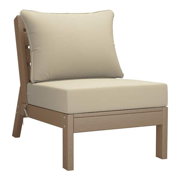 Birchwood Outdoor Patio Deep Seating HDPE Armless Lounge Chair in Weathered Wood with Beige Cushions