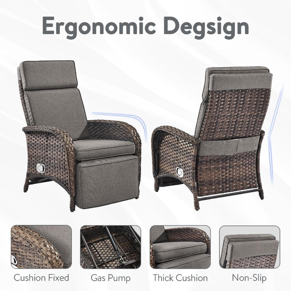 Four different styles of outdoor reclining chairs with gray cushions.