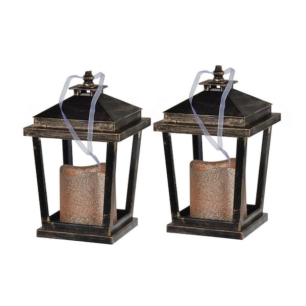 Unbranded 8.5 in. H Antique Black Plastic Decorative Lantern with Led Candle (Set of 2)